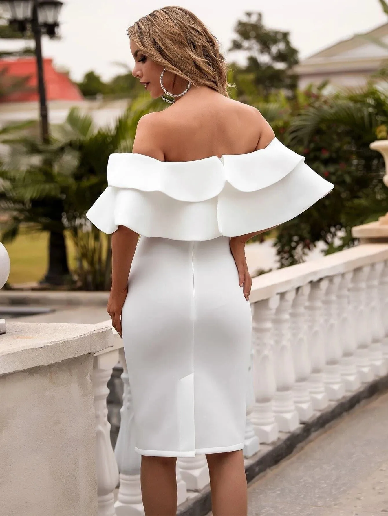 Off Shoulder Exaggerated Ruffle Trim Dress FT9076