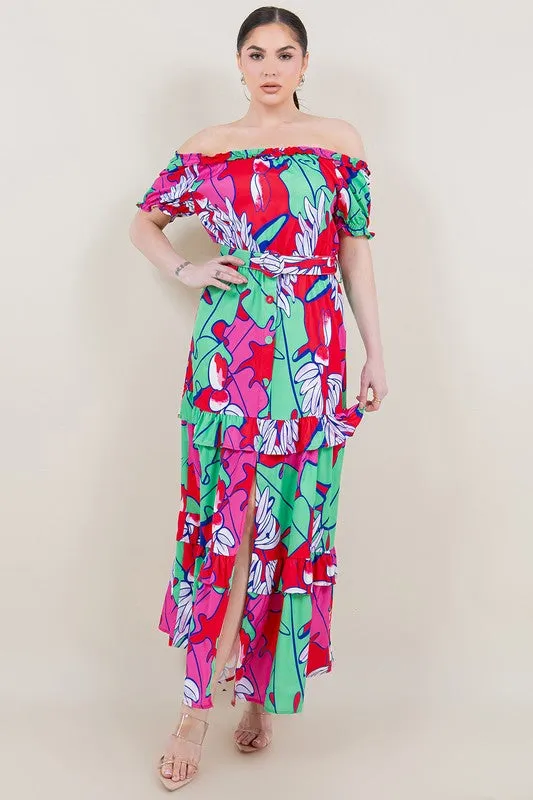 Off shoulder floral red maxi dress