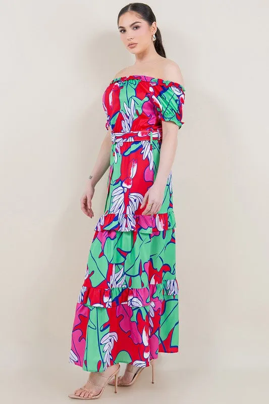 Off shoulder floral red maxi dress