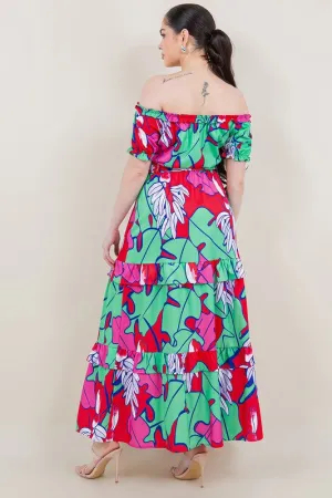 Off shoulder floral red maxi dress