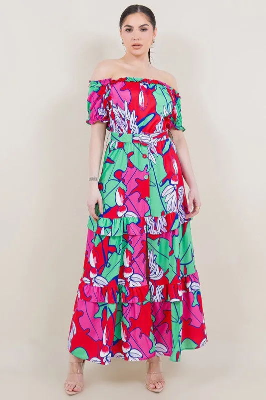 Off shoulder floral red maxi dress