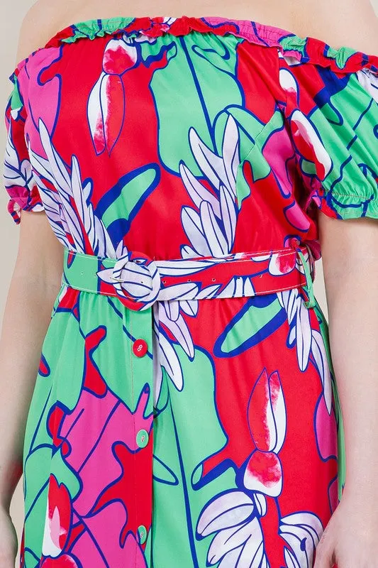 Off shoulder floral red maxi dress