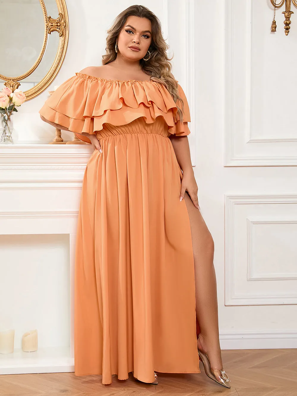 Off Shoulder Flouncy Maxi Bodycon Dress HB100211