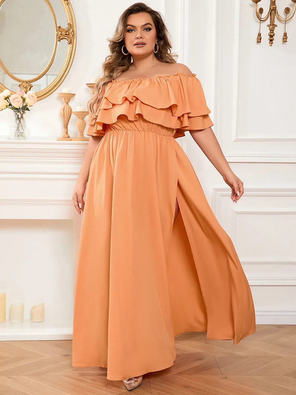 Off Shoulder Flouncy Maxi Bodycon Dress HB100211