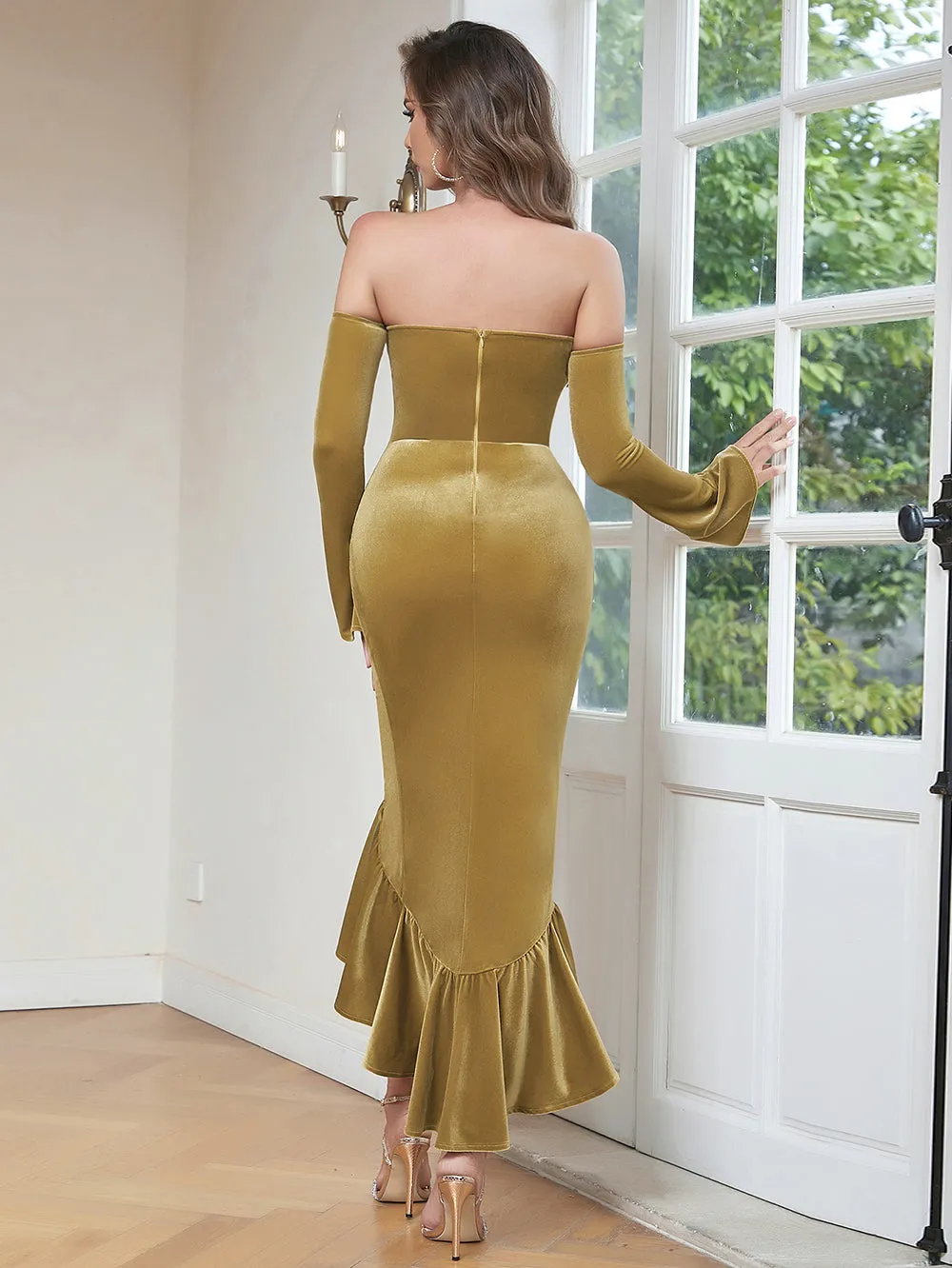 Off Shoulder Long Sleeve Frill Maxi Bodycon Dress HB100181