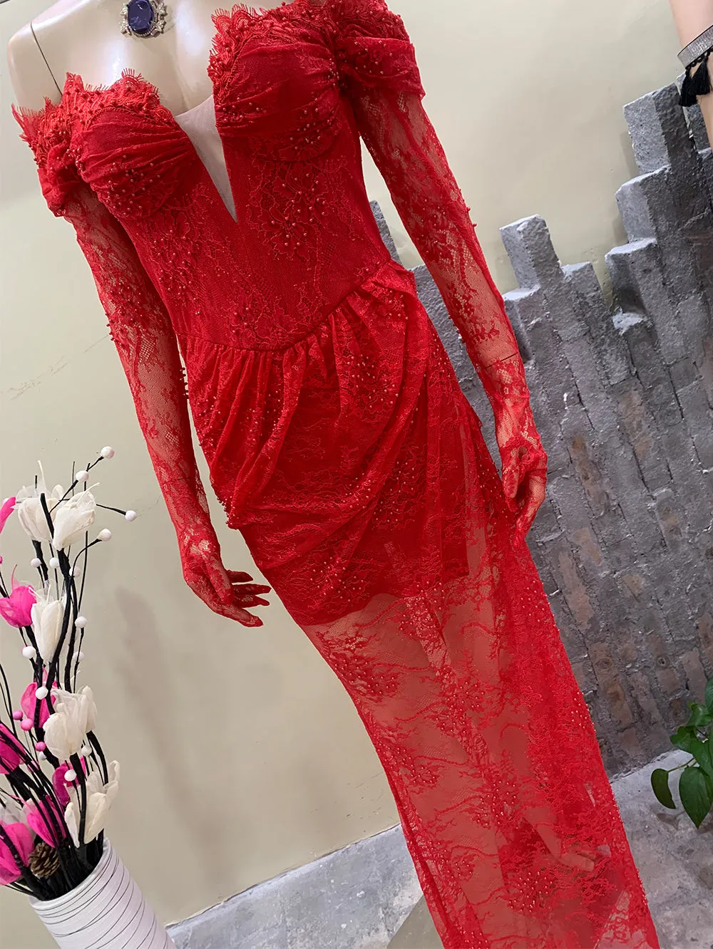 Off Shoulder Long Sleeve Lace Maxi Bodycon Dress HT891