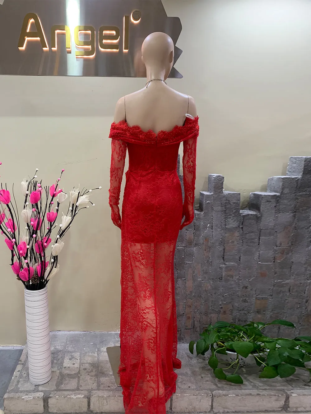 Off Shoulder Long Sleeve Lace Maxi Bodycon Dress HT891