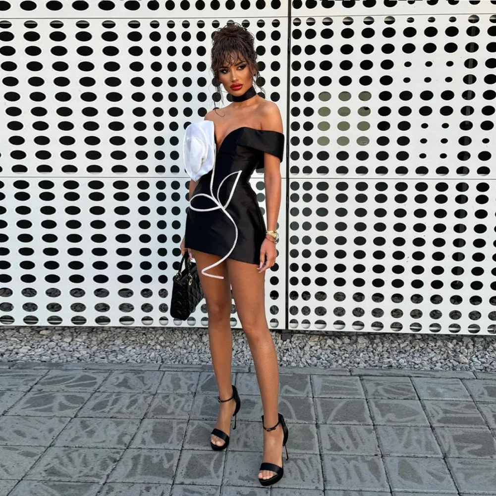 Off Shoulder Three-Dimensional Flower Mini Dress KLYF1279
