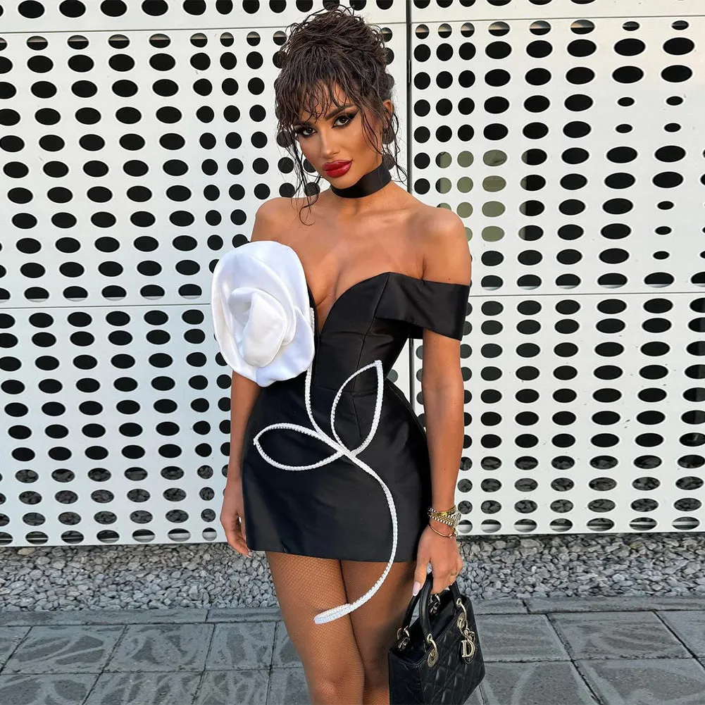 Off Shoulder Three-Dimensional Flower Mini Dress KLYF1279