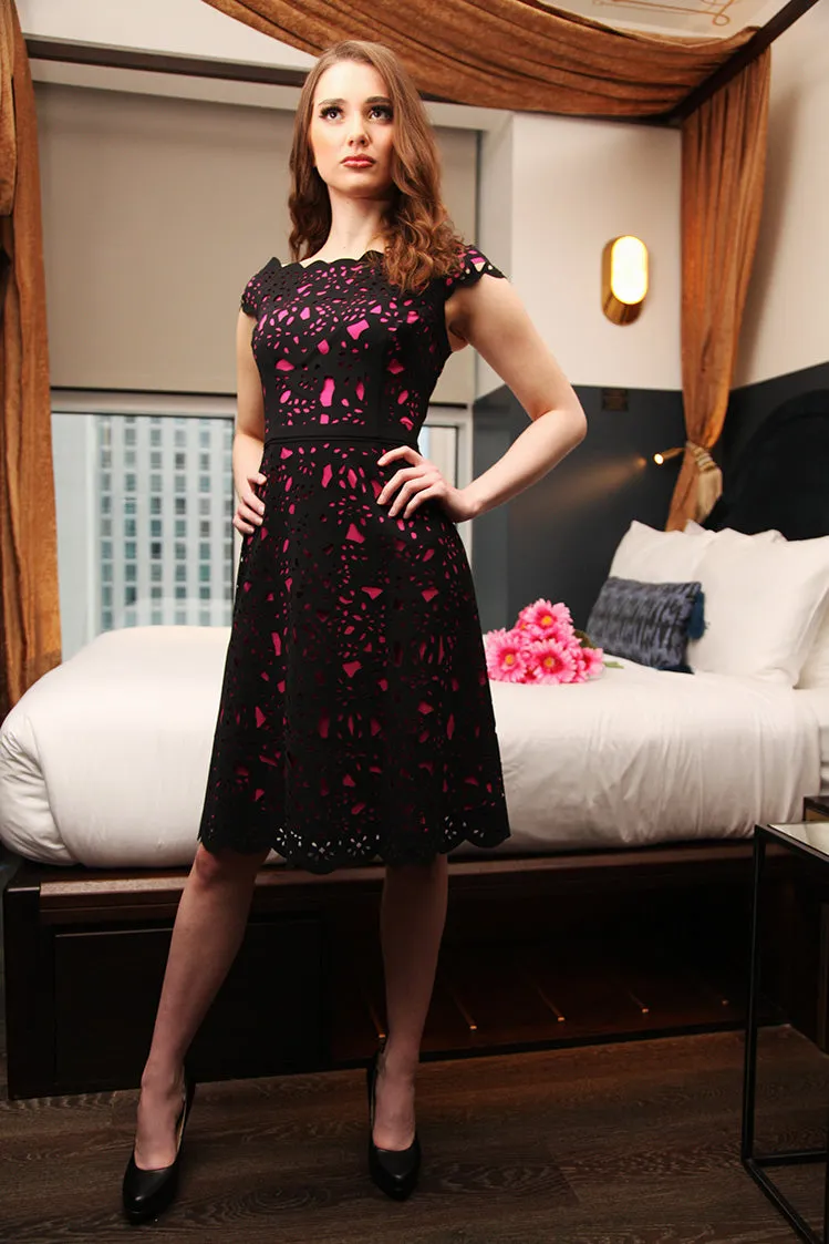 Off-the-Shoulder Laser Cut Dress in Pink