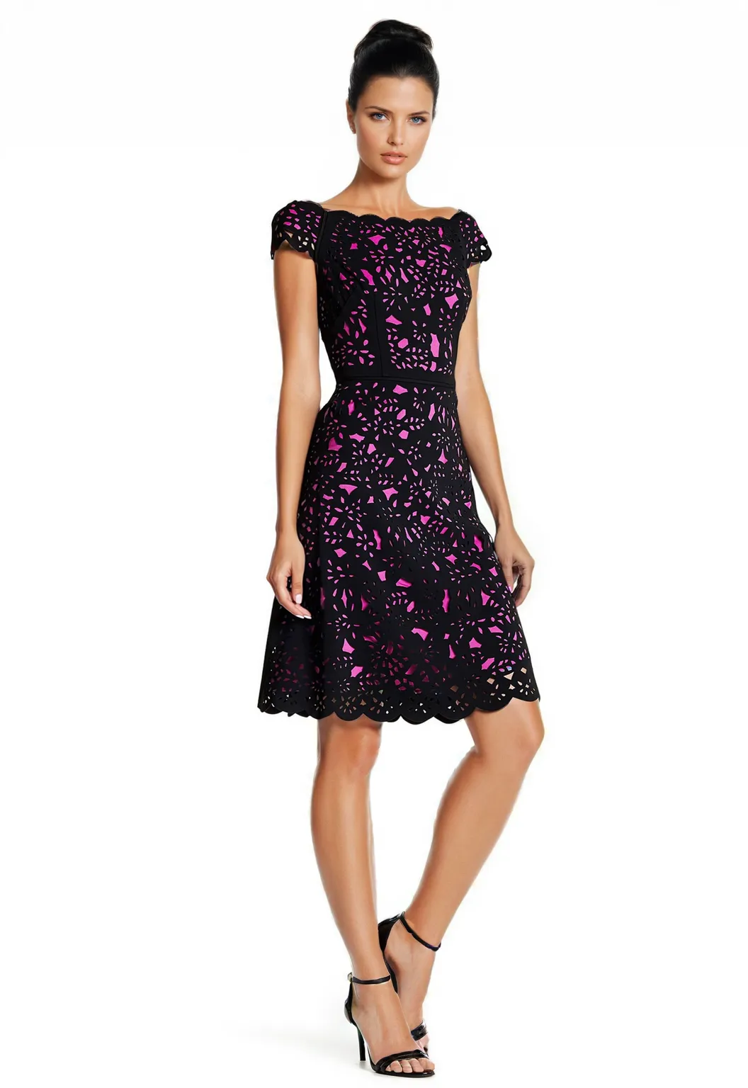 Off-the-Shoulder Laser Cut Dress in Pink