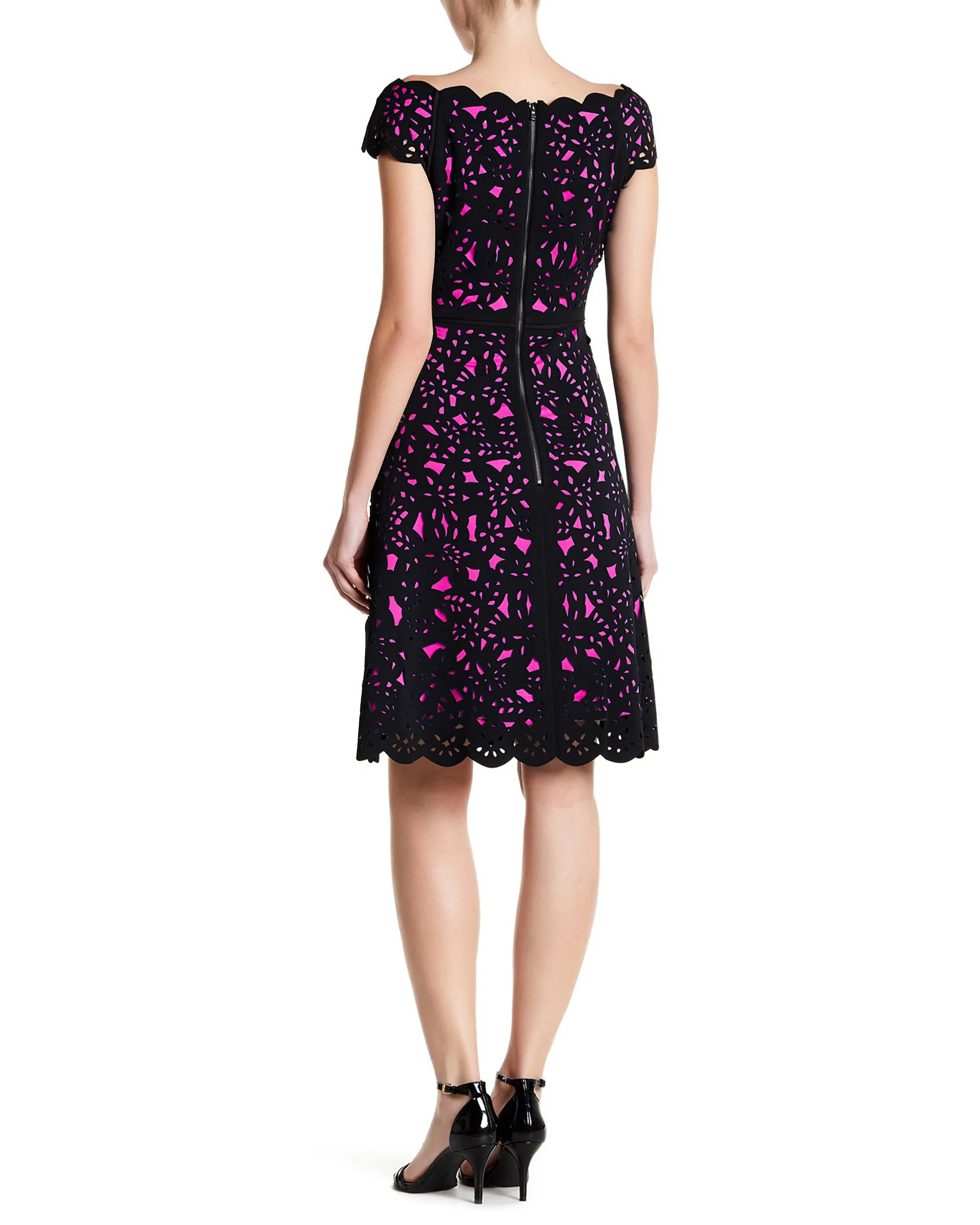 Off-the-Shoulder Laser Cut Dress in Pink