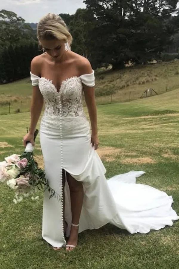 Off The Shoulder Mermaid Sweetheart Chiffon Wedding Dress with Split,MW436