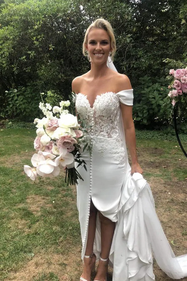 Off The Shoulder Mermaid Sweetheart Chiffon Wedding Dress with Split,MW436