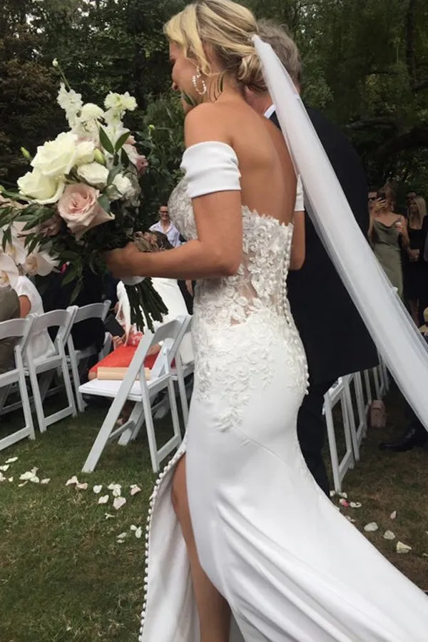 Off The Shoulder Mermaid Sweetheart Chiffon Wedding Dress with Split,MW436