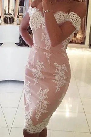 Off The Shoulder Mid Back Lace Appliques Bodycon Homecoming Dress, MH455
