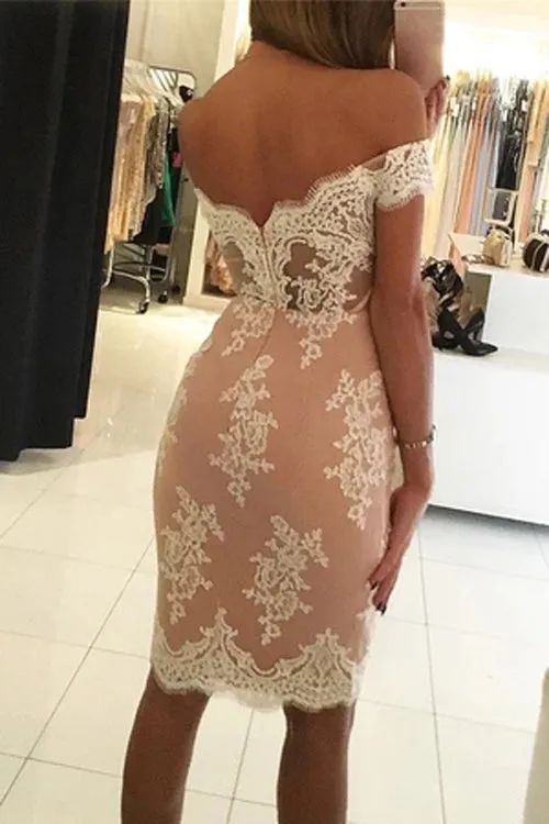 Off The Shoulder Mid Back Lace Appliques Bodycon Homecoming Dress, MH455