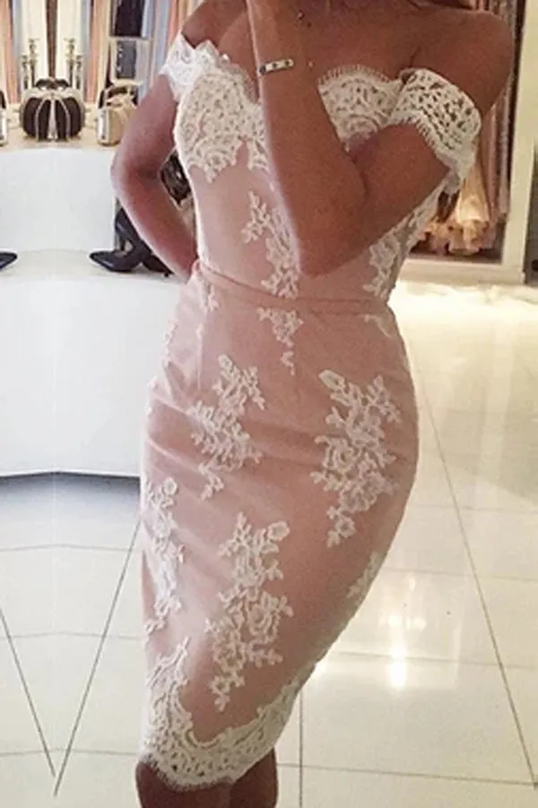Off The Shoulder Mid Back Lace Appliques Bodycon Homecoming Dress, MH455