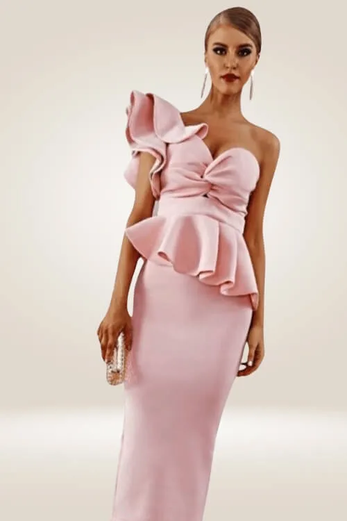 Off The Shoulder Ruffle Pink Bodycon Midi Dress