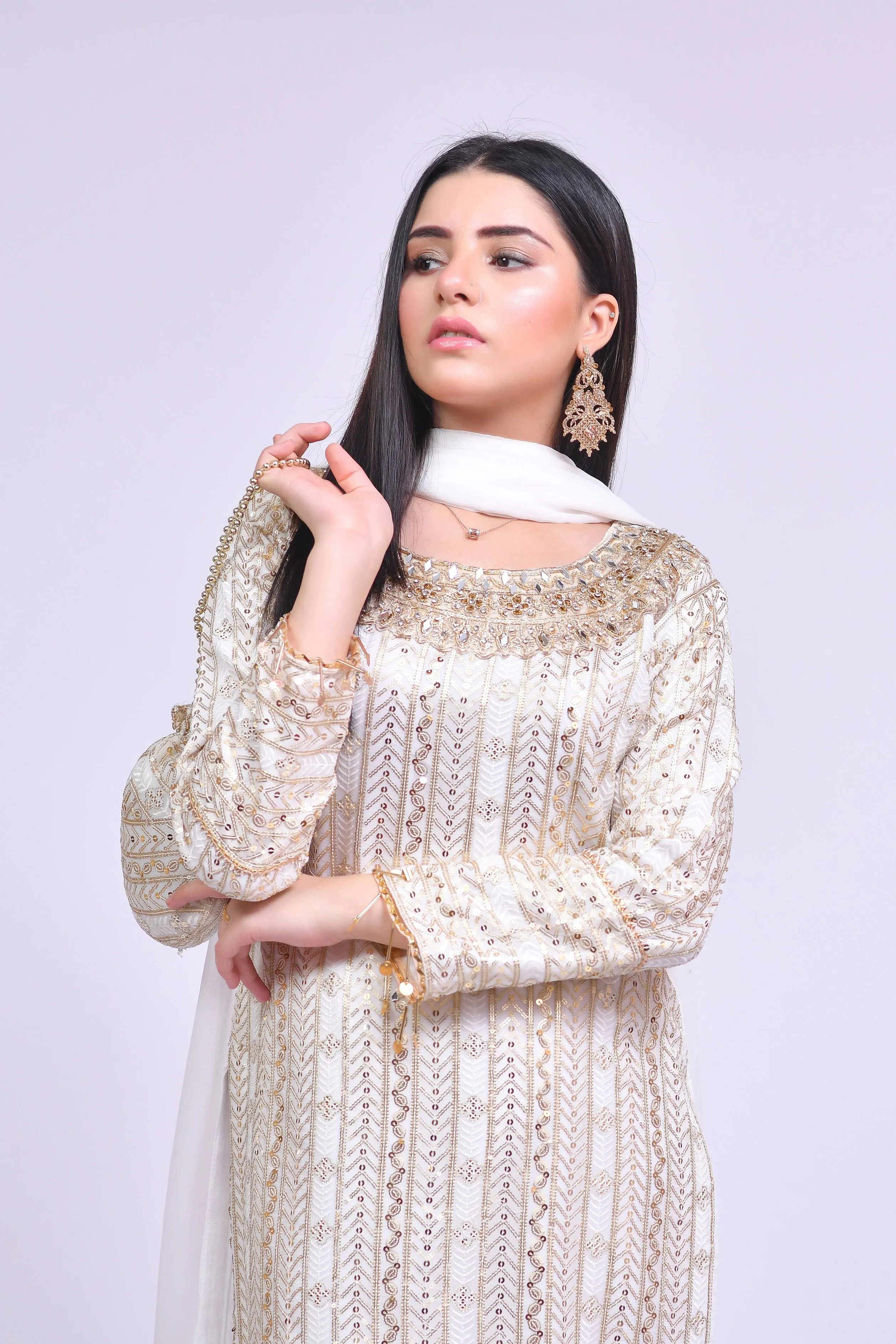 Off White Kameez Trouser Dupatta Pakistani Eid Dress