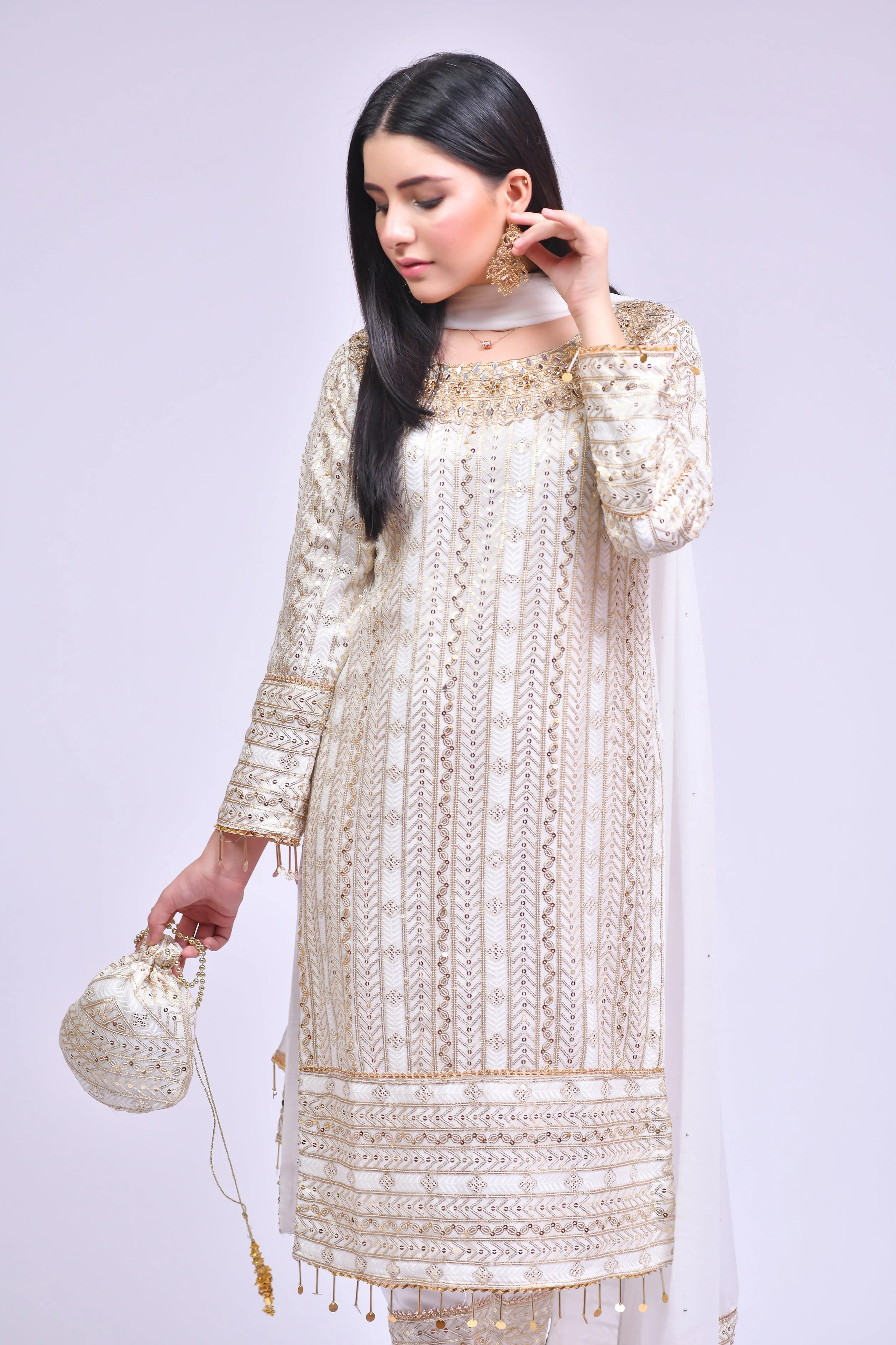 Off White Kameez Trouser Dupatta Pakistani Eid Dress