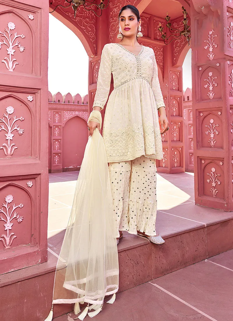 Off White Sequence Embroidery Peplum Style Sharara Suit