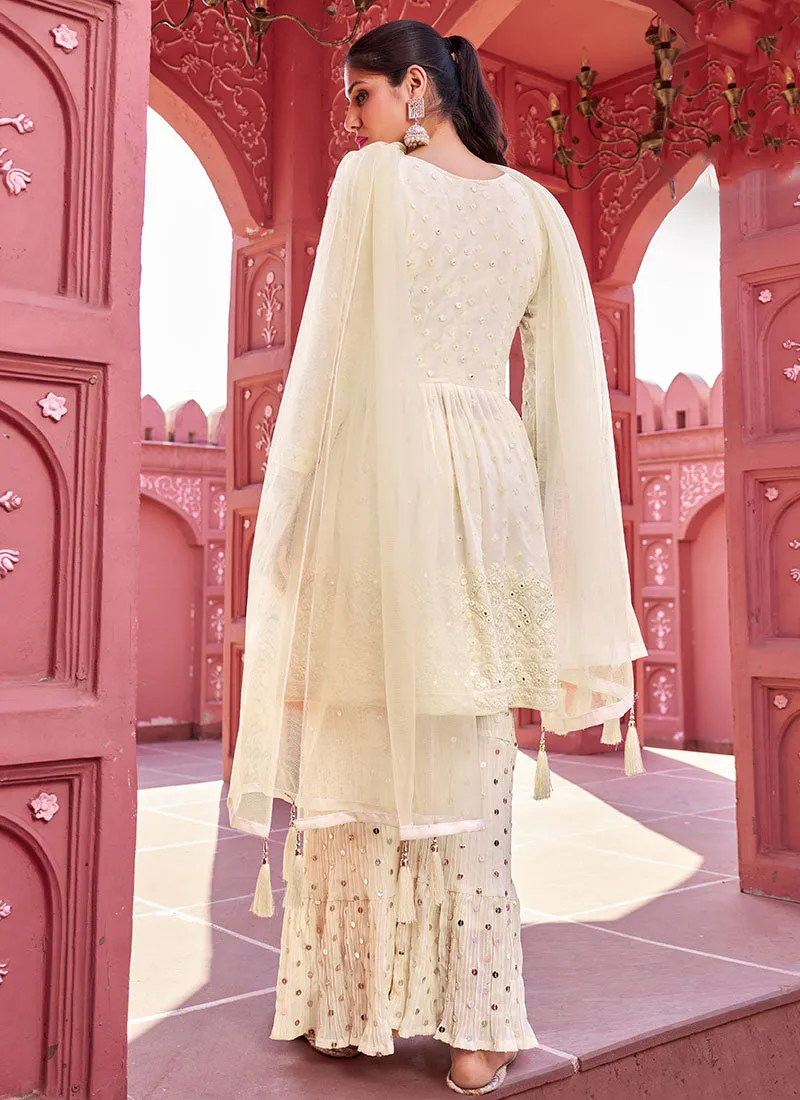 Off White Sequence Embroidery Peplum Style Sharara Suit