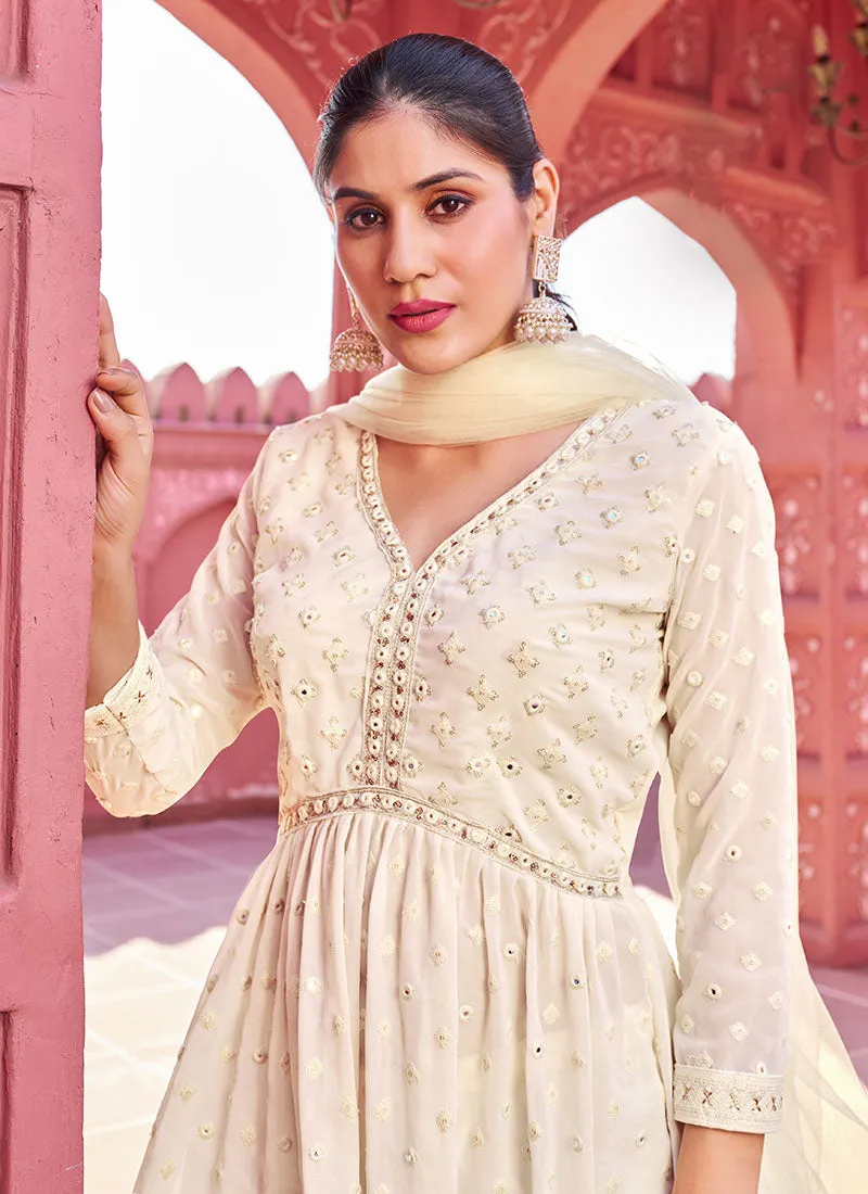 Off White Sequence Embroidery Peplum Style Sharara Suit