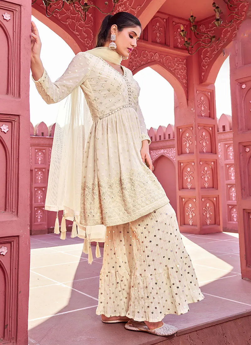 Off White Sequence Embroidery Peplum Style Sharara Suit