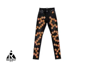 Orange Leather Star Applique Chemist Denim "Aged Black"