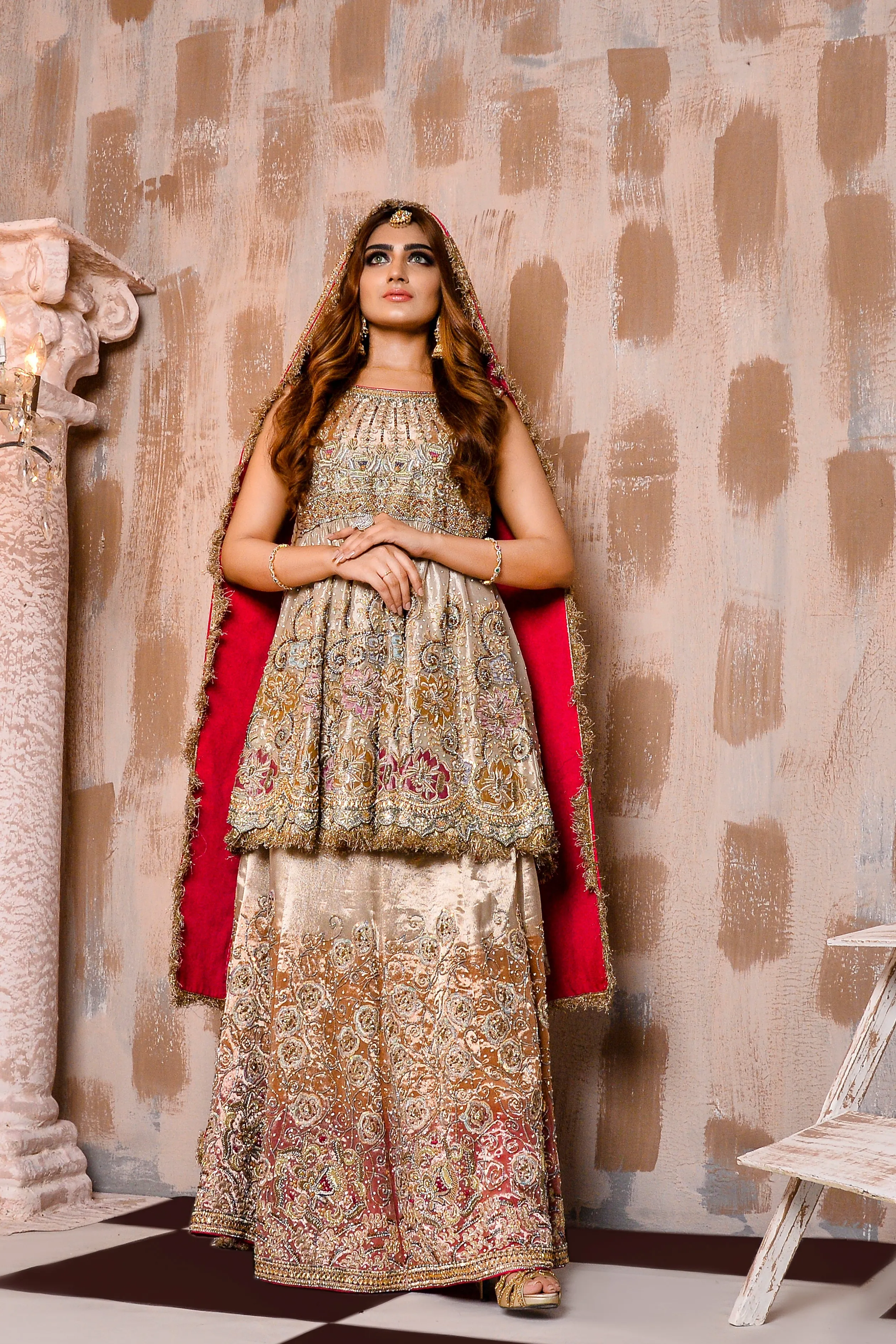 Pakistani Bridal Lehenga Frock in Mesuri Fabric #BS753
