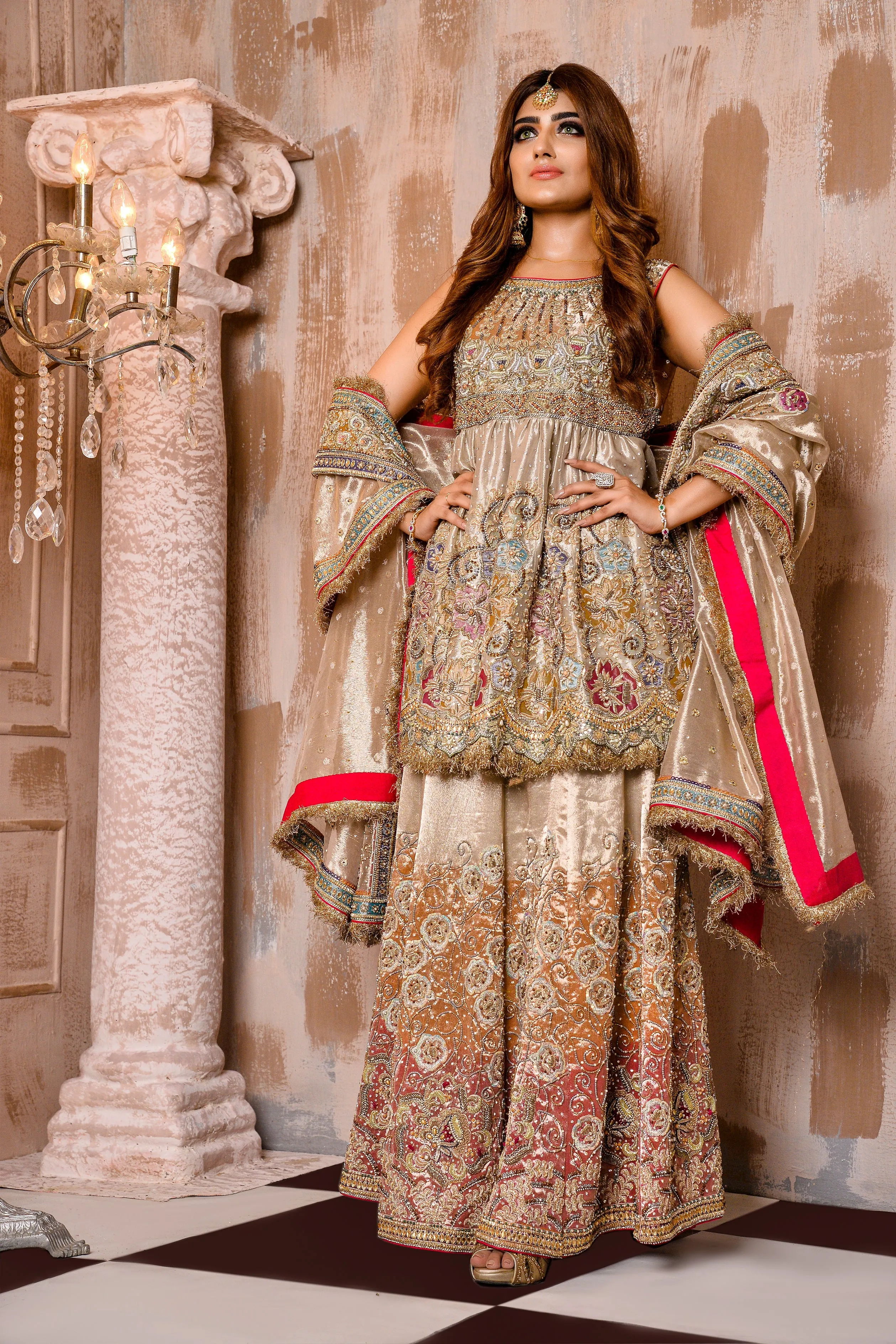 Pakistani Bridal Lehenga Frock in Mesuri Fabric #BS753