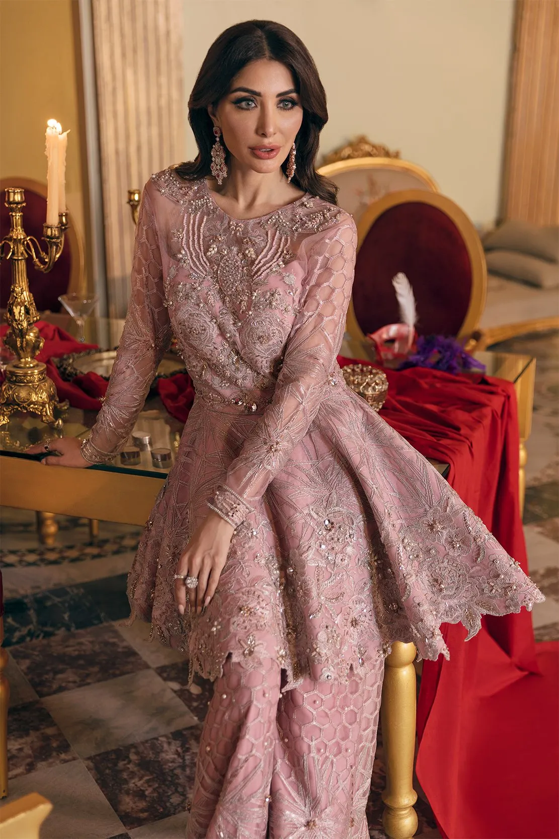 Party Dress Pakistani With Peplum In Pink Color #PF152