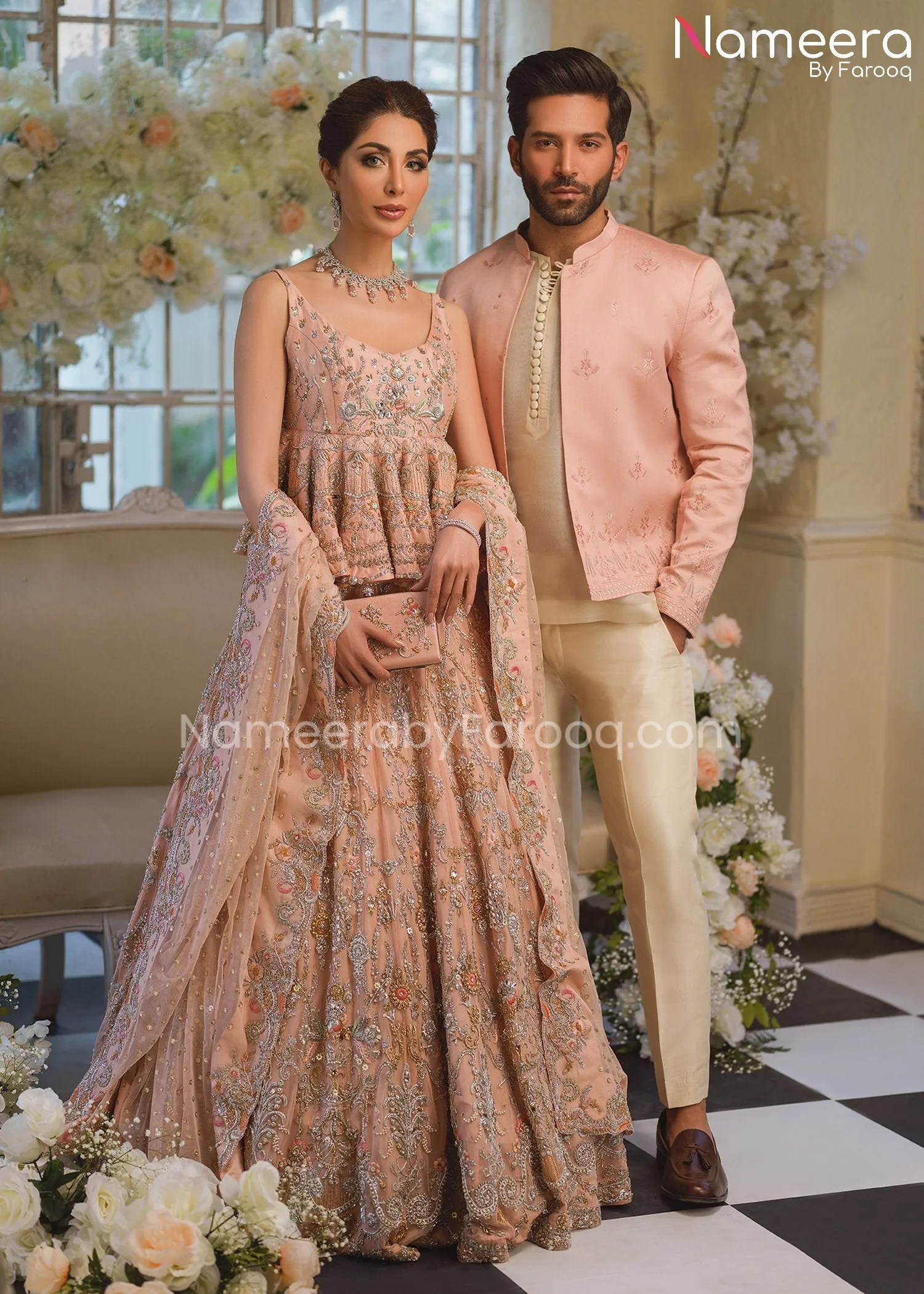 Peach Bridal Dress Pakistani in Peplum Lehenga #BS515