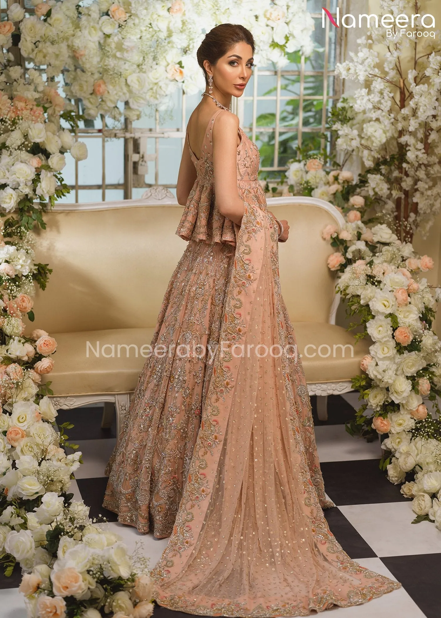 Peach Bridal Dress Pakistani in Peplum Lehenga #BS515