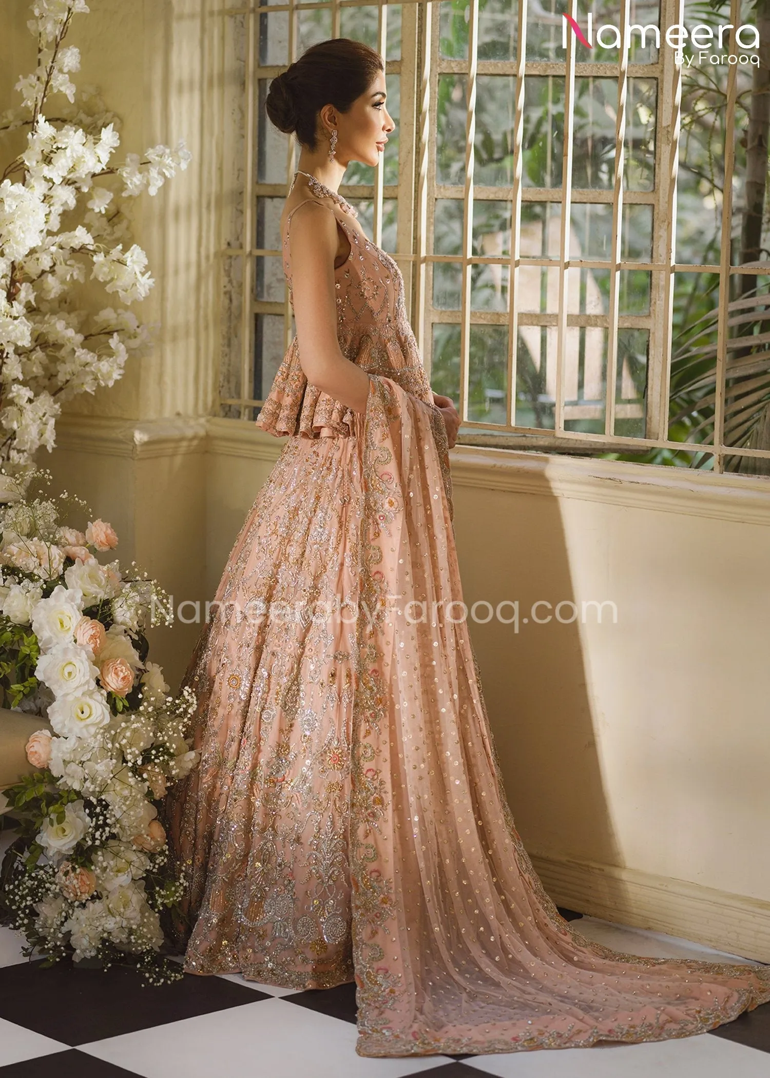 Peach Bridal Dress Pakistani in Peplum Lehenga #BS515