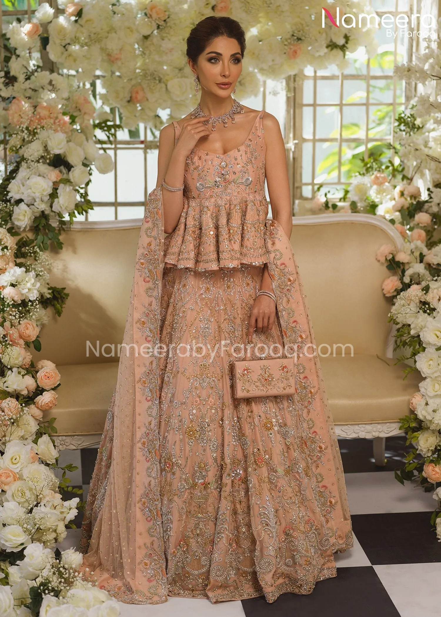 Peach Bridal Dress Pakistani in Peplum Lehenga #BS515