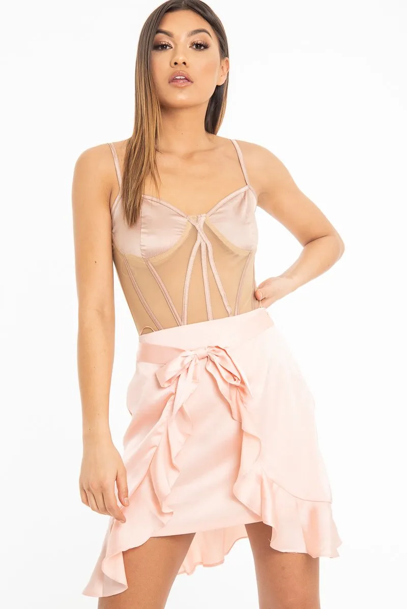 Peach Satin Ruffle Wrap Mini Skirt - Shania
