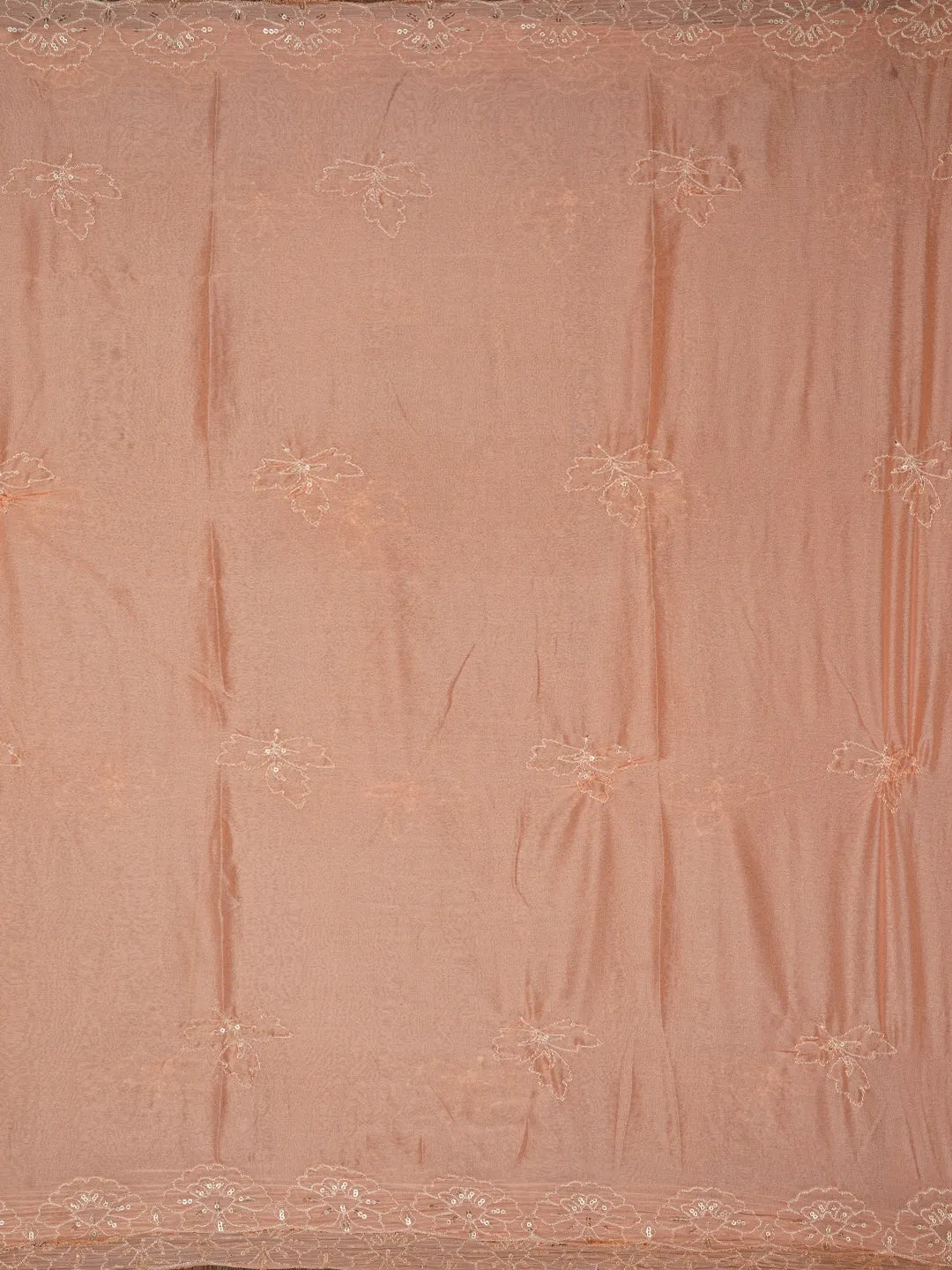 Peach Sequin Embellished Floral Printed Cotton Dress Material with Dupatta