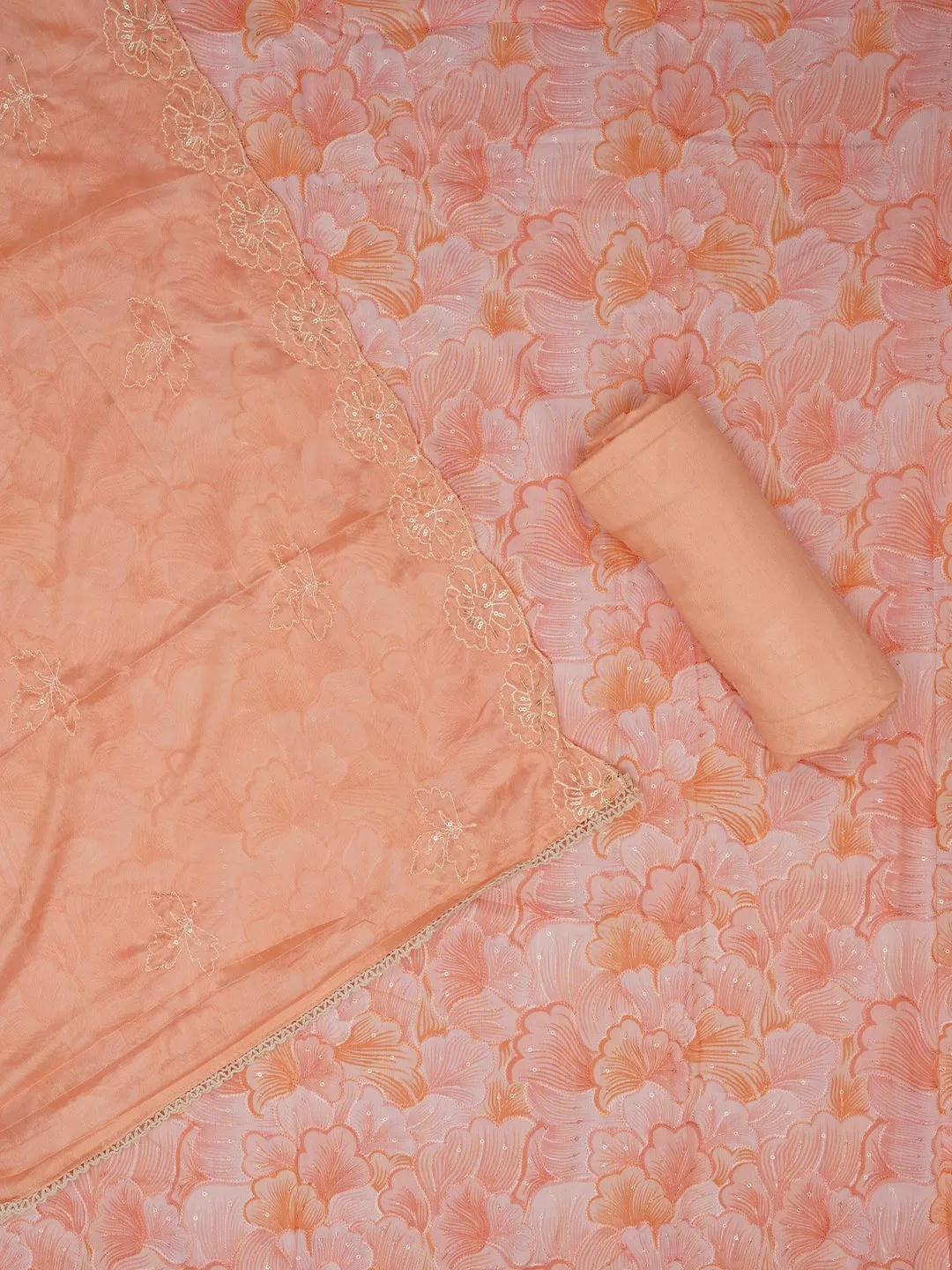 Peach Sequin Embellished Floral Printed Cotton Dress Material with Dupatta