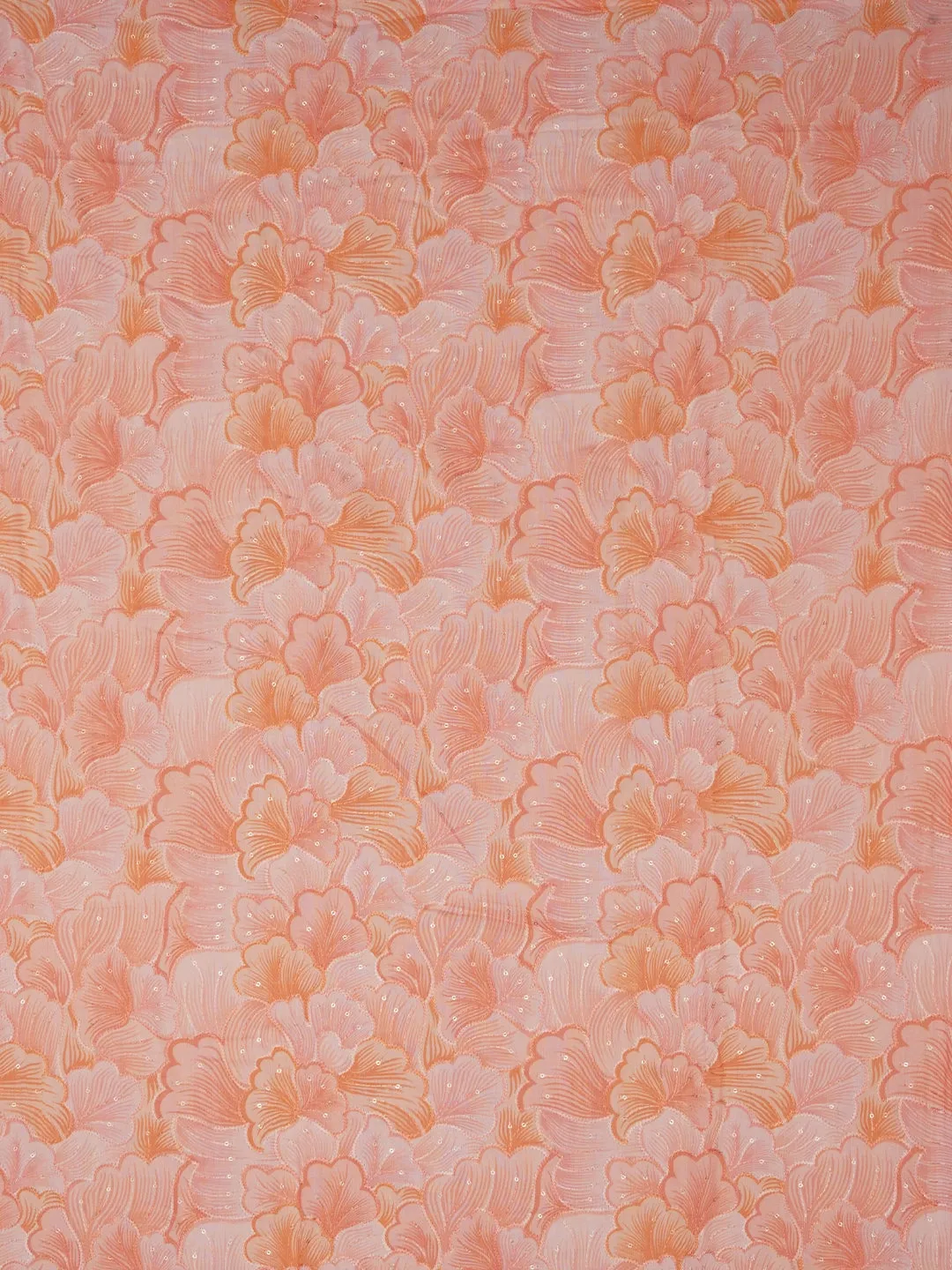 Peach Sequin Embellished Floral Printed Cotton Dress Material with Dupatta