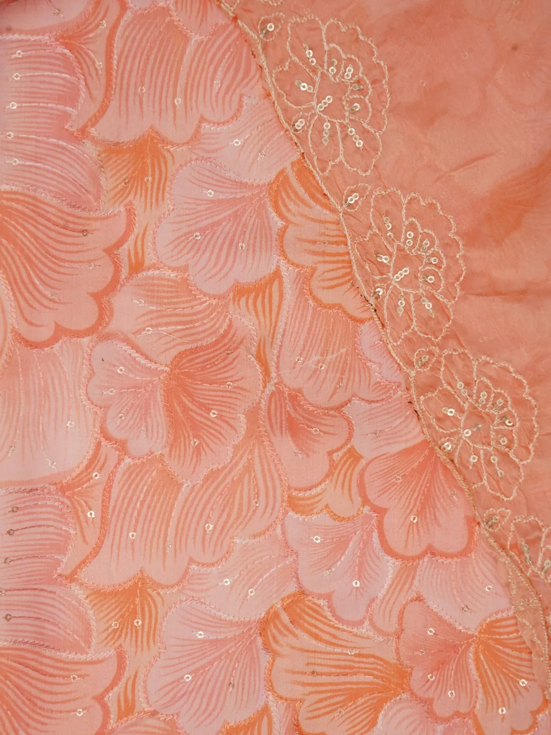 Peach Sequin Embellished Floral Printed Cotton Dress Material with Dupatta