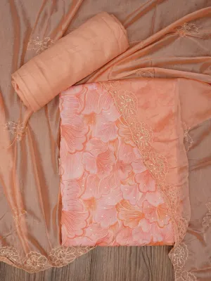 Peach Sequin Embellished Floral Printed Cotton Dress Material with Dupatta