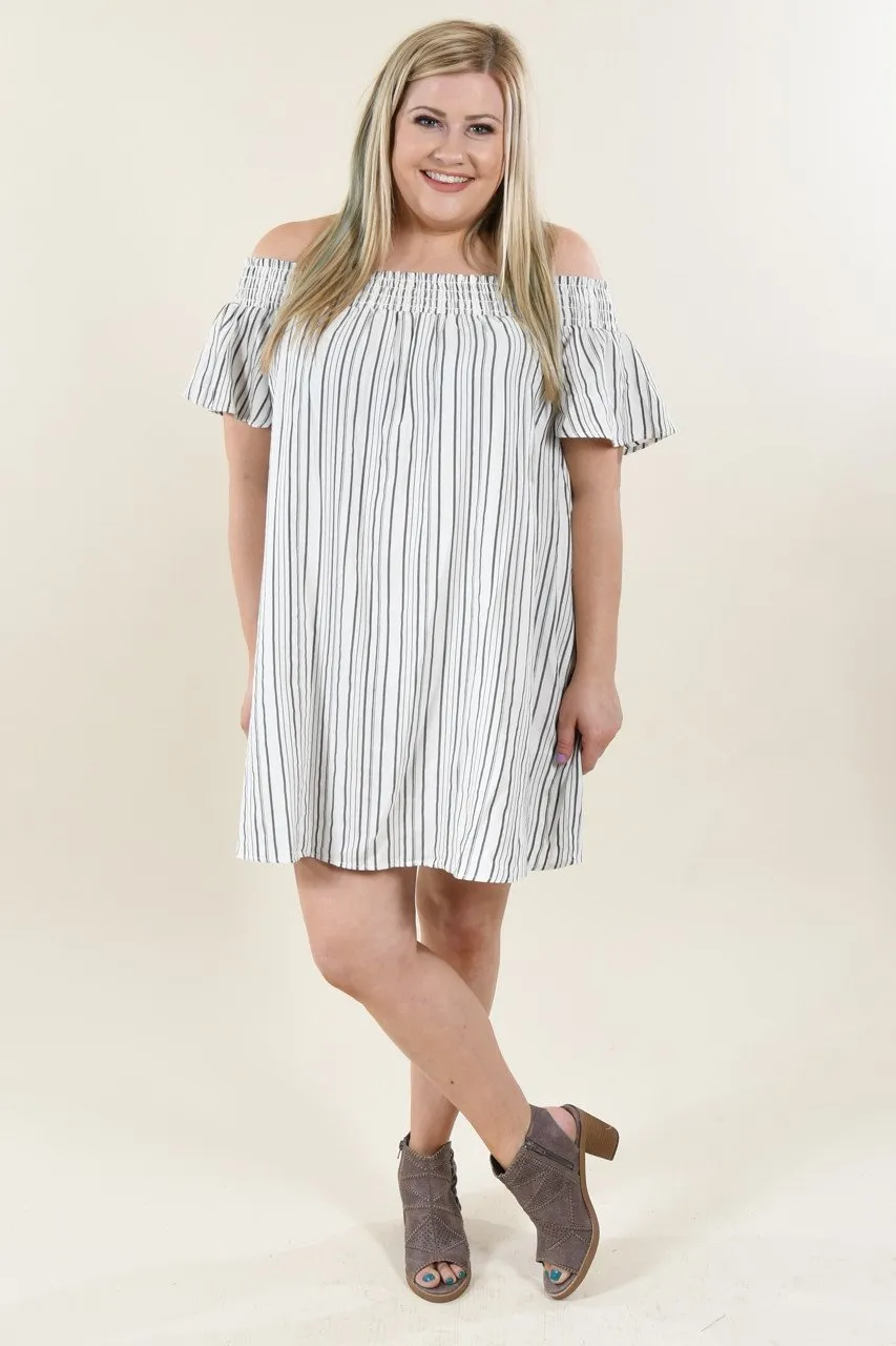 Pin Stripe Off The Shoulder Dress