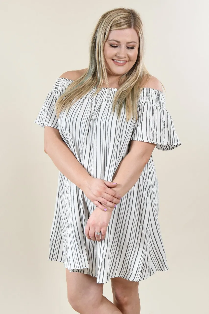 Pin Stripe Off The Shoulder Dress