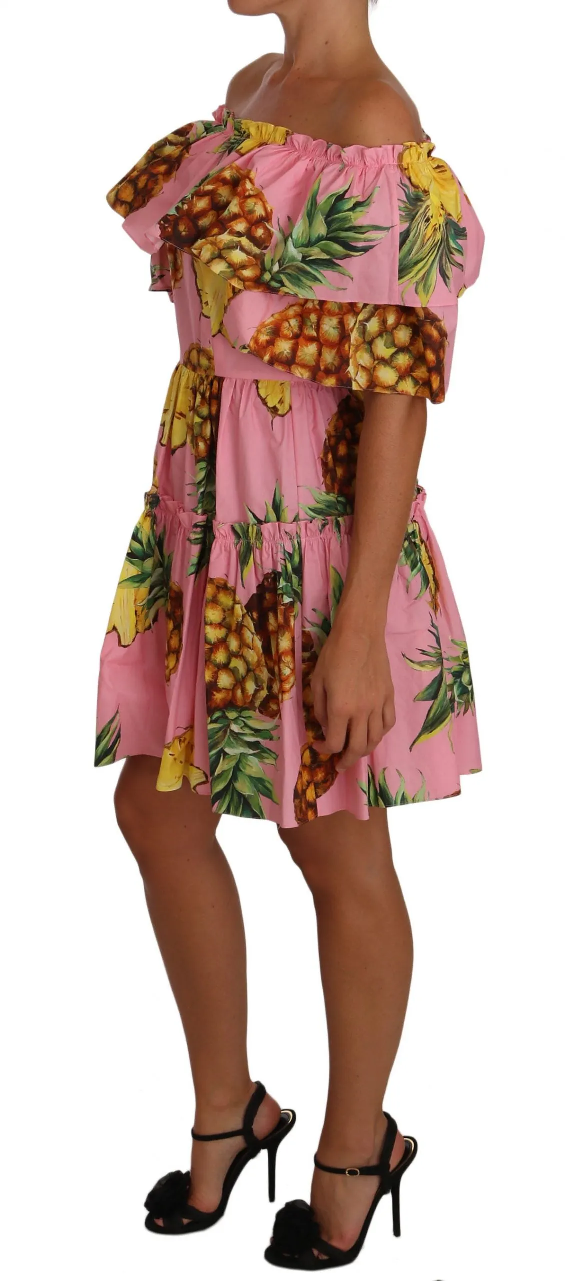 Pineapple-Print Poplin Off-the-Shoulder Dress
