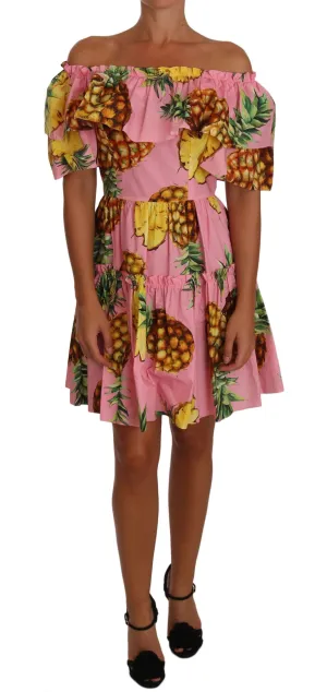 Pineapple-Print Poplin Off-the-Shoulder Dress