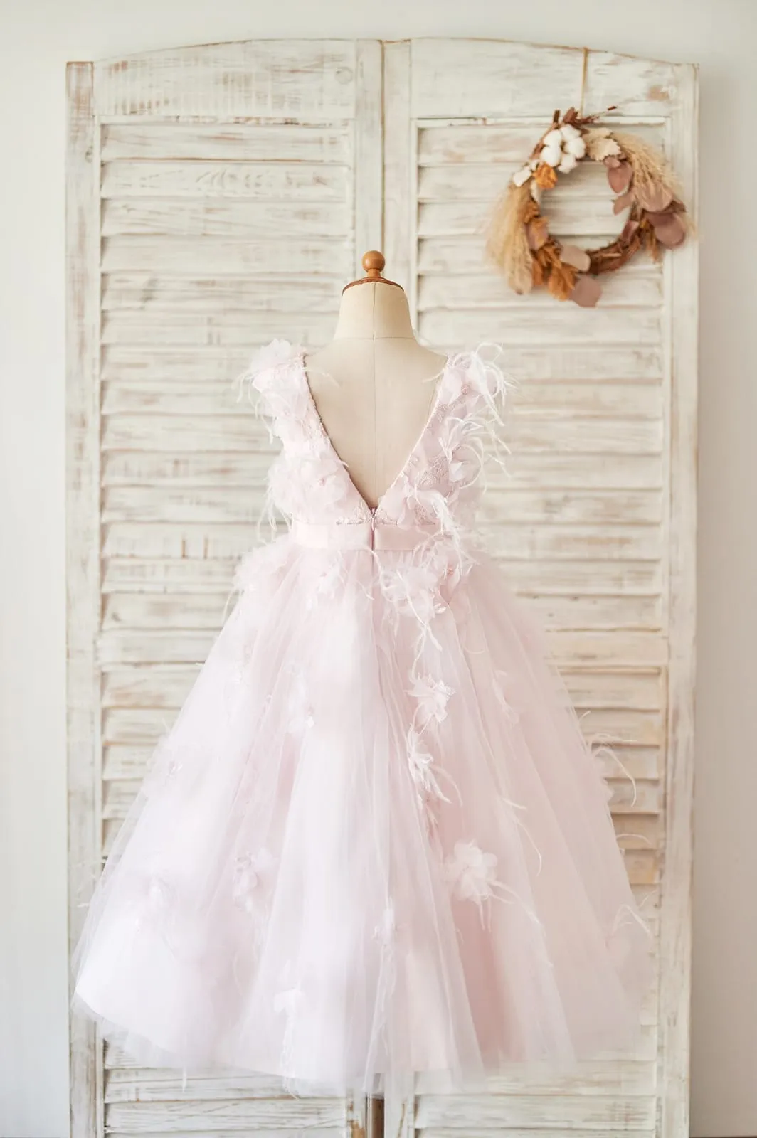 Pink Lace Tulle V Back Wedding Flower Girl Dress, Feather