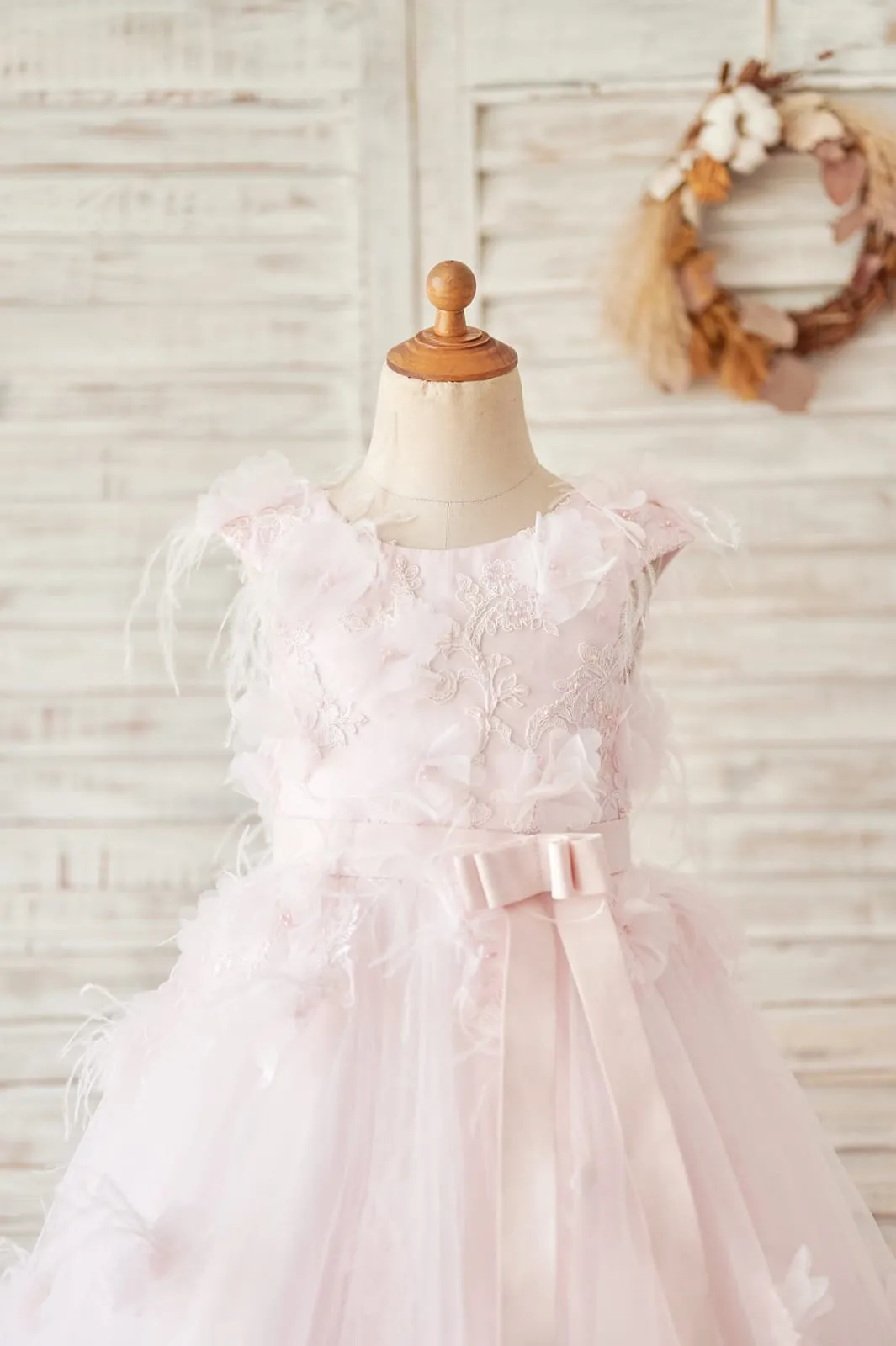 Pink Lace Tulle V Back Wedding Flower Girl Dress, Feather