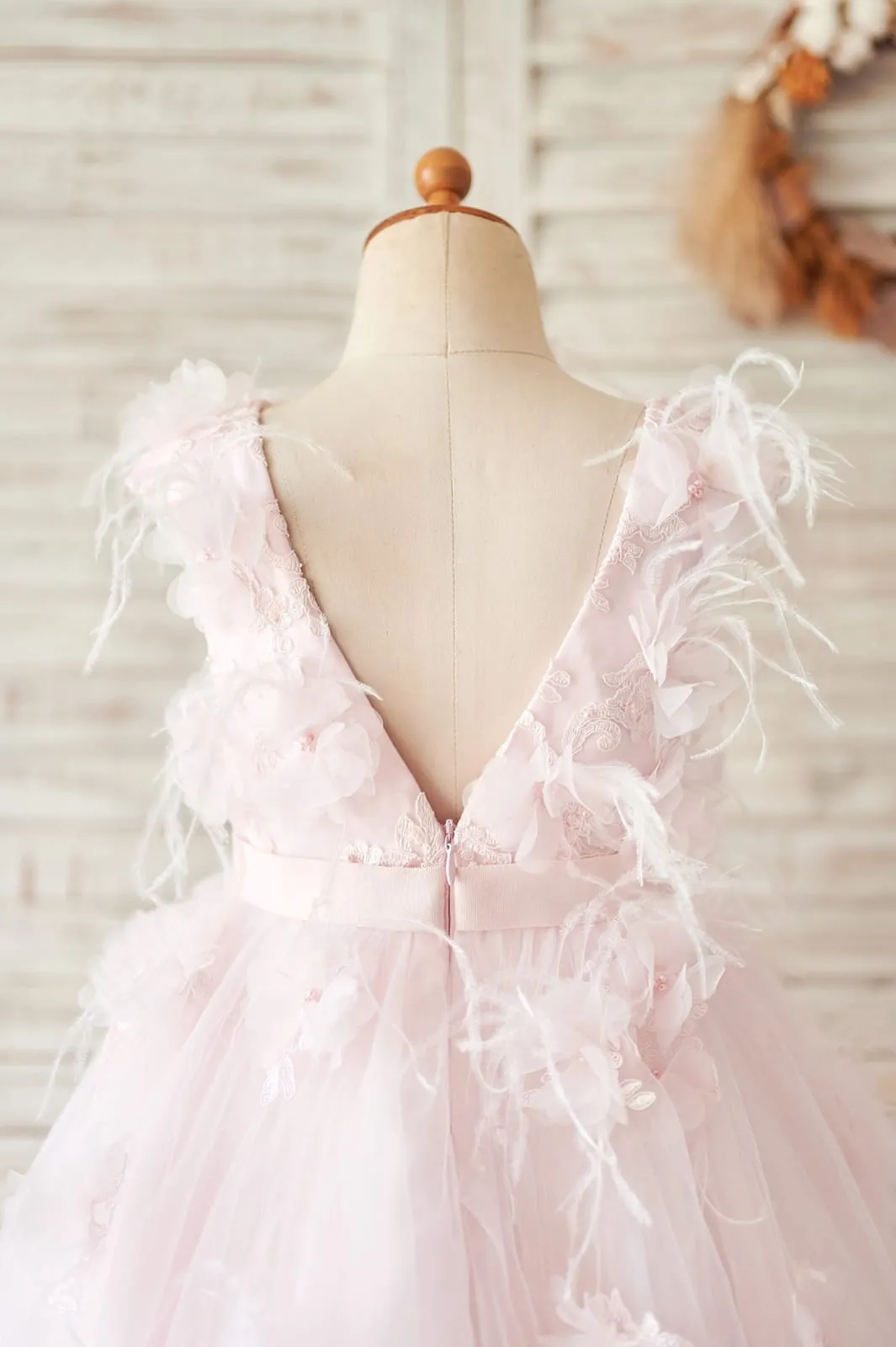 Pink Lace Tulle V Back Wedding Flower Girl Dress, Feather